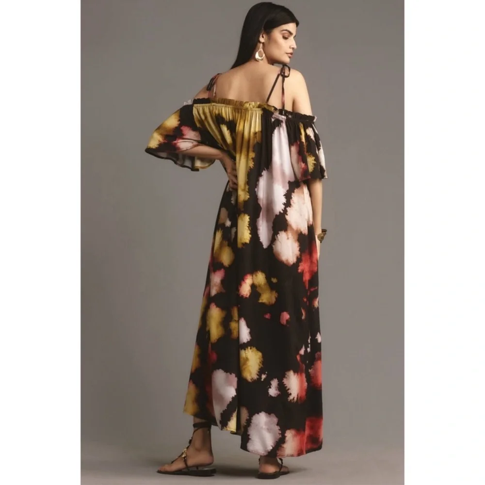 ANTHROPOLOGIE • Conditions Apply Printed TieStrap Kattan Maxi Beach Hawaii Dress - Picture 4 of 7